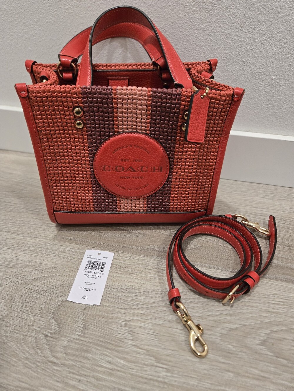 Coach Red Woven Leather Small Tote with Removable Strap